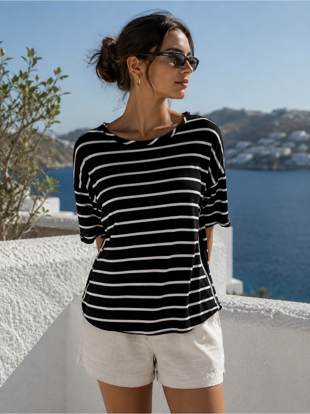 Chico's Black and White Striped Long Sleeve Top